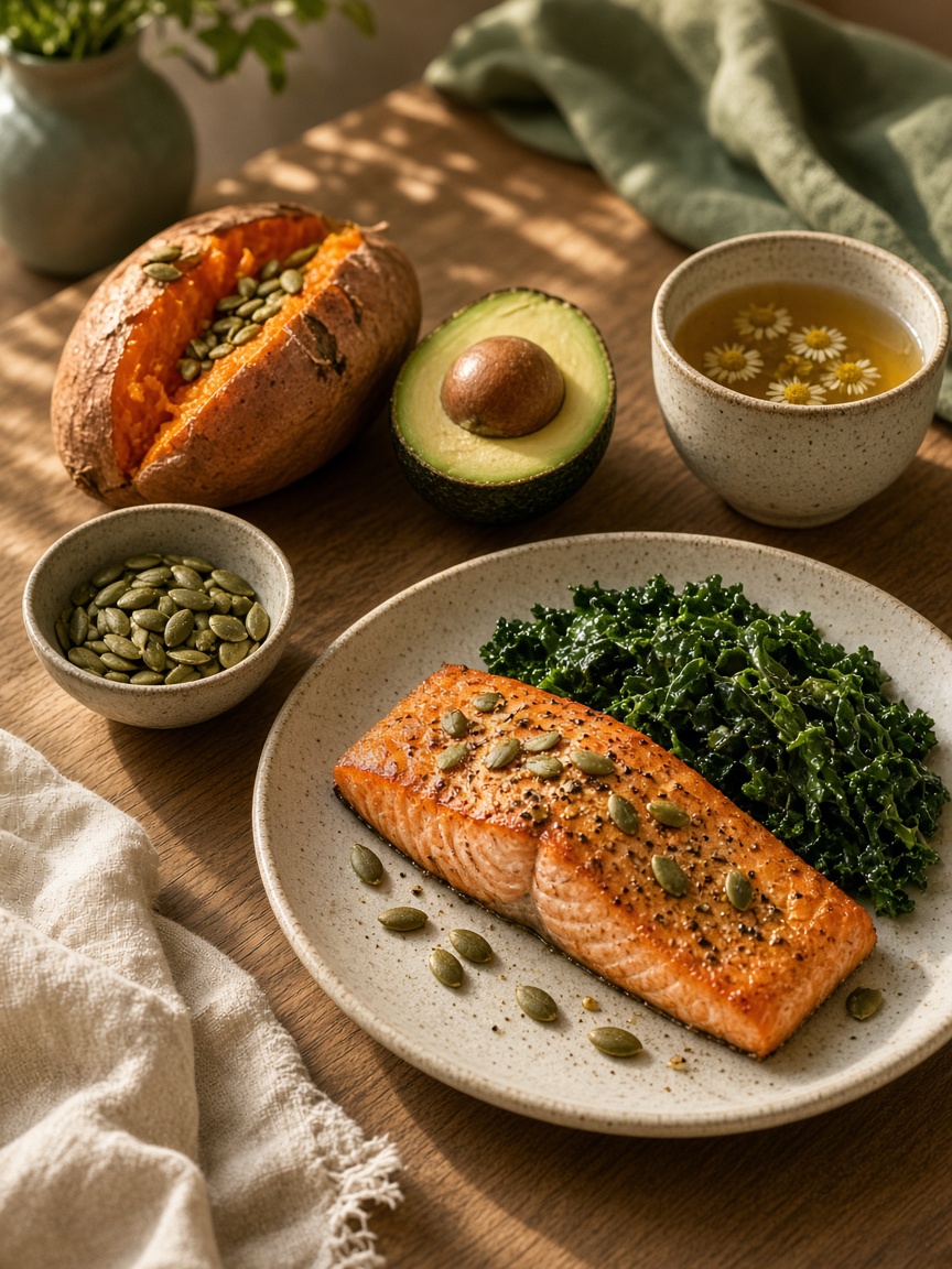 Nourishing evening plate with salmon, greens, and sweet potato